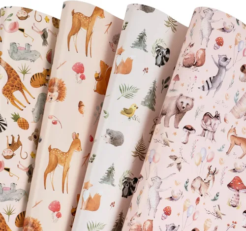 Vista 23 de WRAPAHOLIC Hoja de papel de regalo, 12 hojas con bonito diseño de animales para cumpleaños, vacaciones, fiestas, baby shower, 17.5 x 39.3 pulgadas