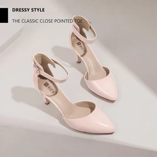 Vista 4 de IDIFU IN3 D'Orsay Zapatos de tacón bajo para mujer, zapatos de vestir puntiagudos con puntera cerrada, correa de tobillo para novia, elegante