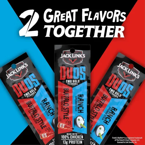 Vista 3 de Jack Link's DUOs - Palitos de carne seca de pollo con 13g de proteína, Frank's RedHot Buffalo Style con cremoso ranch, hechos con 100% pollo, dos