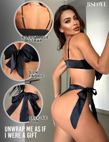 Vista 3 de RSLOVE Conjunto de lencería sexy de satén para mujer, conjunto de brasier y bragas de 2 piezas