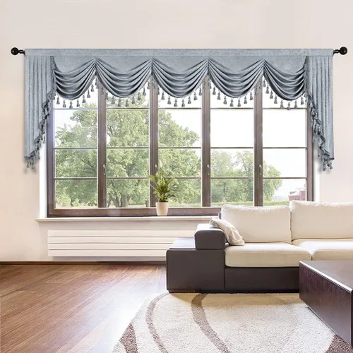 Vista 35 de ELKCA Cenefa de cortina de felpilla beige para ventana de sala de estar, cenefa de cascada para dormitorio, bolsillo para barra