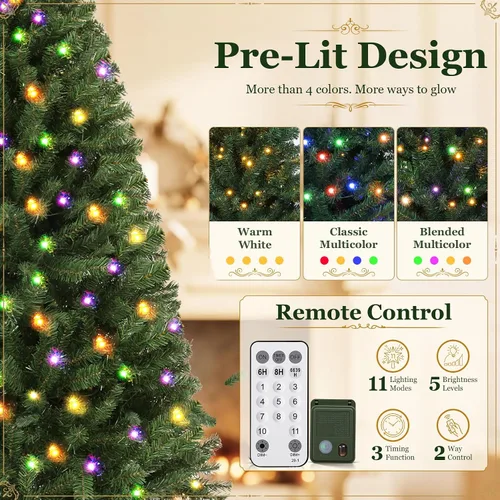 Vista 3 de Árbol de Navidad artificial preiluminado con control remoto, 6 pies Luces verdes y de cambio