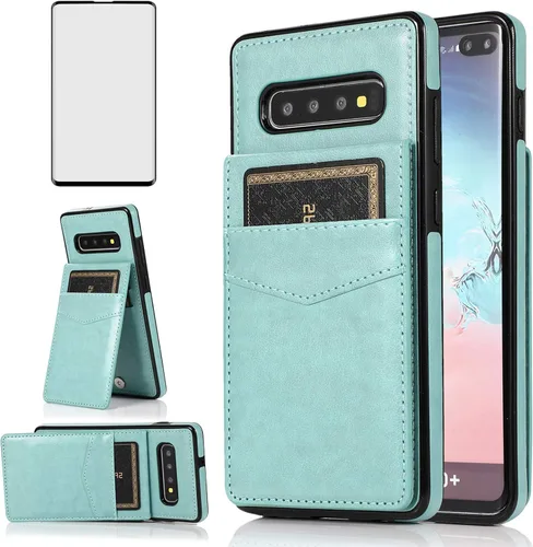 Vista 11 de Funda de teléfono para Samsung Galaxy S10 con protector de pantalla de vidrio templado y tarjetero para tarjetas de crédito, soporte de cuero Negro