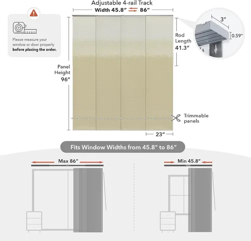 Vista 5 de GoDear Design Persianas verticales ajustables para ventanas, persianas de panel para puertas correderas de armario, riel extensible de 45.8 a 86