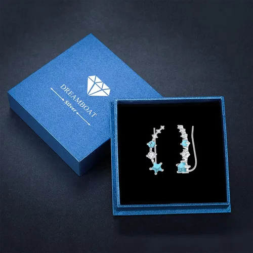 Vista 7 de Dreamboat Aretes de trepadores de orejas de estrella para mujeres y niñas, aretes de plata de ley, aretes envolventes de piedra lunaágata musgoópalo