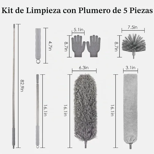 Vista 3 de Plumero de telaraña con poste de extensión, limpiador de plumas de microfibra lavable 5 en 1 kit con 3 cabezales de plumero, plumero largo