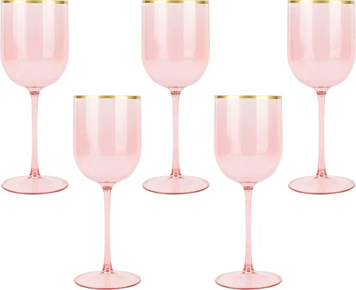 Vista 6 de PLASTICPRO Juego de 5 copas de vino de plástico con borde dorado, elegantes copas de vino de plástico duro en tallo de 12 onzas
