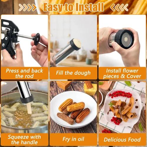 Vista 4 de 1+8PCS Churro Maker Kits, acero inoxidable Churro Maker Machine/ 3 piezas de flores/2 cepillos/bolsa de tuberías/boquilla de tubería/convertidor