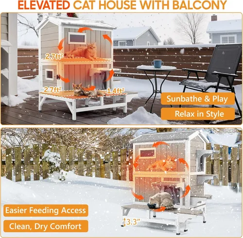 Vista 8 de PetsCosset Casa Aislada para Gatos de Exterior Resistente a la Intemperie con Balcón, Aislamiento Integral, Refugio de Madera para Gatos Ferales