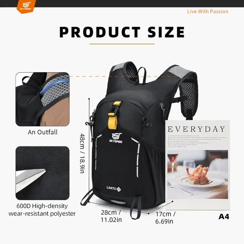 Vista 5 de SKYSPER Mochila de senderismo pequeña – Mochila de viaje de 15 L, ligera, resistente al agua, mochilas de senderismo para mujeres y hombres, Negro