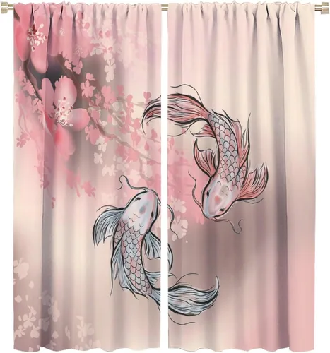 Vista 38 de Koi Fish - Cortinas opacas para cocina, estilo japonés, románticas, con estampado de flores de cerezo, con bolsillo para cortinero, cortinas opacas