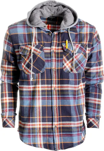 Vista 38 de Gioberti Camisa de franela a cuadros de algodón 100% para hombre con capucha extraíble y botones 100 – negro/azul real/gris.
