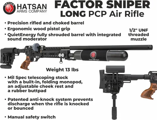 Vista 5 de Hatsan Factor Sniper Long PCP - Rifle de aire con palanca lateral con paquete Wearable4U incluido