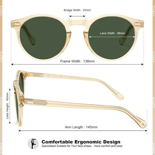 Vista 83 de CARFIA Gafas de sol polarizadas de acetato redondo para mujer, protección UV de cara pequeña con funda de cuero CA5288