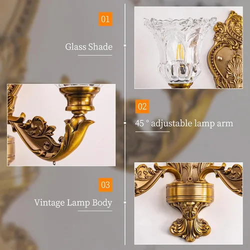 Vista 3 de Wellmet - Aplique de pared dorado con 2 luces, lámpara de pared de cristal retro para tocador de baño Vintage Wall Light Fixtures for Living Room