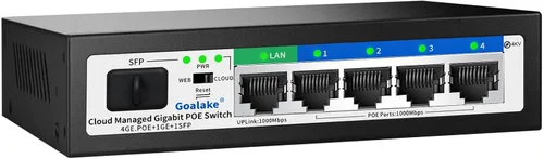 Vista 9 de Conmutador Poe, conmutador Gigabit PoE de 5 puertos (conmutador Gigabit de 4 puertos + 1 gigabit uplink+ 1 ranura SFP) Conmutador Gigabit Ethernet