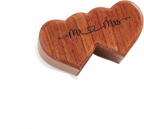 Vista 8 de Handicraftviet Caja para anillos Mr and Mrs – Caja de anillo hecha a mano con forma de corazón para ceremonia de boda, soporte para anillo de boda