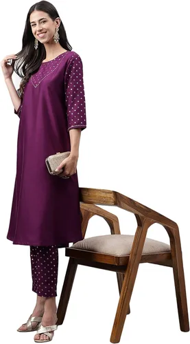 Vista 3 de Janasya Kurta sólido de seda crepé púrpura para mujer con pantalón