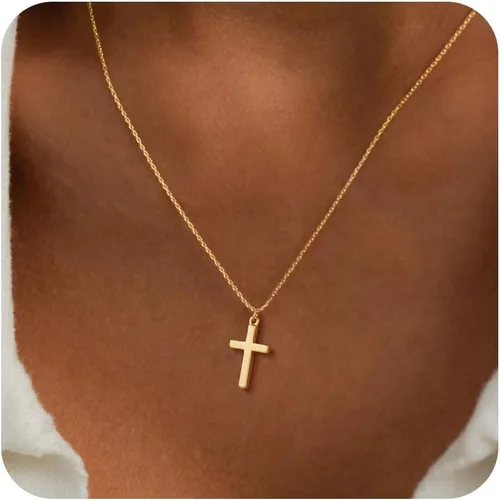 Vista 16 de Collar de cruz para mujeres y niñas, delicado chapado en oro de 14 quilates, gargantilla con dije de cruz que no se deslustra, impermeable, moderno