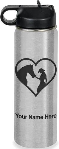 Vista 47 de LaserGram Botella de agua personalizada, corazón de vaquera de caballo, acero inoxidable de doble pared aislada al vacío con popote superior, regalo