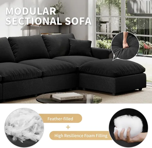 Vista 5 de Sofá seccional moderno de lino en forma de L para sala de estar, sofás modulares con relleno de plumón, fundas de cojín de sofá desmontables, sofá