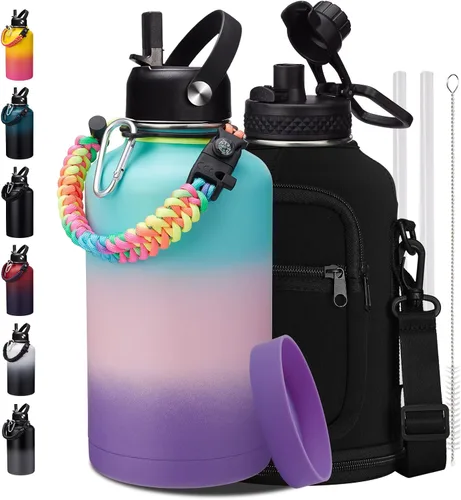 Vista 33 de Botellas de agua de 32 onzas aisladas con pajita y tapa para beber de un sorbo, asa de paracord, bolsa de transporte con correa, termo de triple