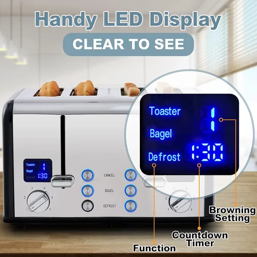 Vista 3 de CUSIMAX Tostadora de 4 rebanadas, pantalla LED ultra clara y ranuras extra anchas, tostadora de acero inoxidable con paneles de control dobles de 6