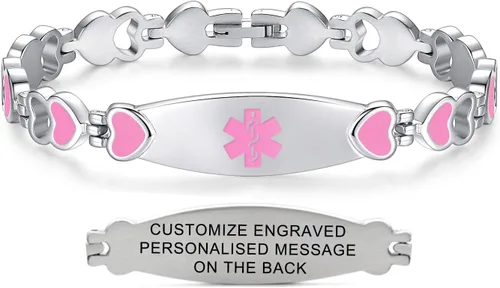 Vista 11 de Pulseras de alerta médica de corazón para mujeres pulseras médicas con grabado personalizable gratuito