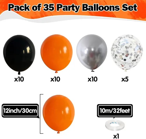 Vista 2 de Globos Negros y Naranjas de 12 Pulgadas, Globos de Confeti Negro Naranja Plateado, Globos de Halloween Trick or Treat para Niños y Hombres