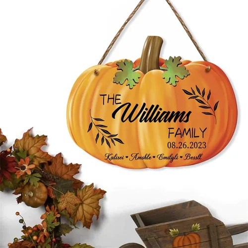 Vista 6 de Colgante decorativo de calabaza de otoño con 1-10 nombres, colgante familiar de calabaza personalizada para puerta delantera, porche, patio