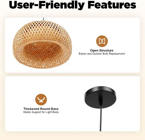 Vista 4 de Lámpara colgante de bambú tejida a mano, lámpara de ratán de una sola luz, tejido de madera natural, accesorio colgante de techo con cable ajustable