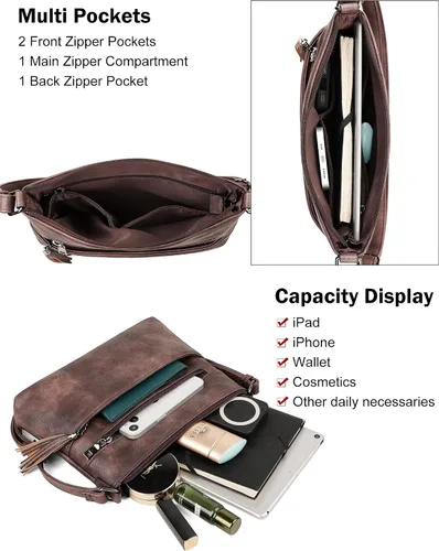 Vista 3 de MASINTOR Bolsos cruzados para mujer, bolso cruzado ligero y mediano, de cuero suave, bolsos de hombro para mujer con borla, café (Vintage Coffee)