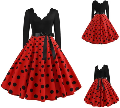 Vista 2 de Anjikang Vestido de Halloween Audrey Hepburn para mujer, estilo retro de los años 50, manga larga, cuello en V, vestido de cóctel con lazo y lunares