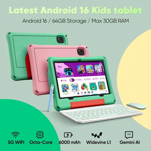 Vista 2 de aiprotablet Tableta para niños, Android 16 para niños de 10 pulgadas, Octa-Core 2.2 GHz con funda, 30 GB de RAM 64 GB ROM, 2 TB expandir, control