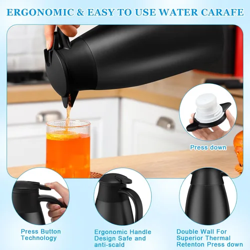 Vista 3 de Ziliny Paquete de 2 jarras térmicas de café de 51 onzas, jarra de café de acero inoxidable aislada al vacío de doble pared, mantiene las bebidas