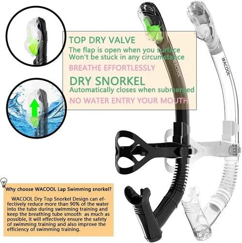 Vista 5 de WACOOL Training Headstrap Support Dry Top Snorkel Tube Comfortable Mouthpiece One-Way Purge Valve for Pool Open Water Scuba Lap Swimming Swimmer