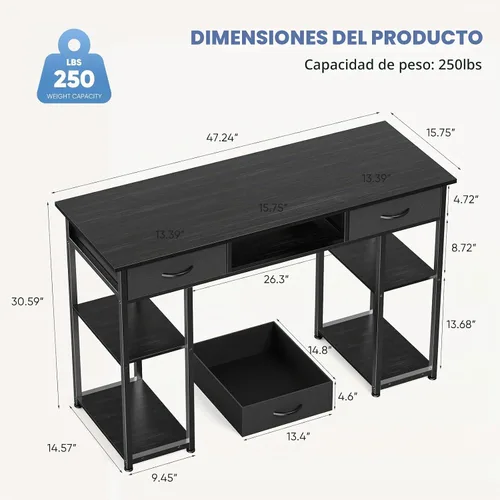 Vista 3 de DUMOS Escritorio para computadora de 48 pulgadas con cajones y gancho, color negro
