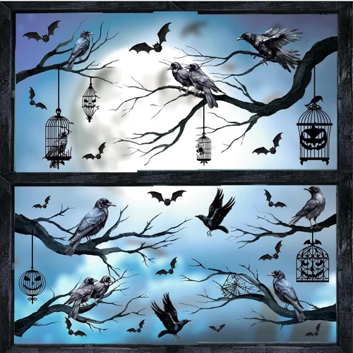 Vista 13 de Calcomanías de Halloween para ventana, calcomanías de brujas negras, calcomanías de pared de Halloween, murciélagos de árbol negro, murales de arte