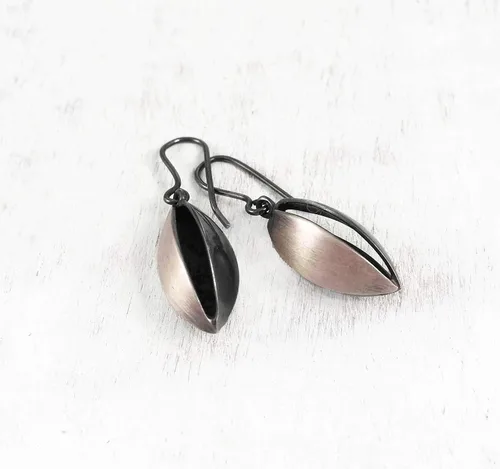 Vista 5 de Nature Inspired Geometric Earrings, Hook Dangle Drop, Sterling Silver Satin and Dark Oxidized Finish, Handmade in Peru. Great for Gift Sets.