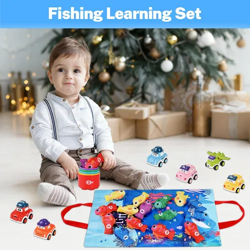 Vista 5 de Goldge Juguetes Montessori 2 en 1 para niños de 1 año - Juego de pesca para niños pequeños con tazas apilables y autos abatibles, juguete