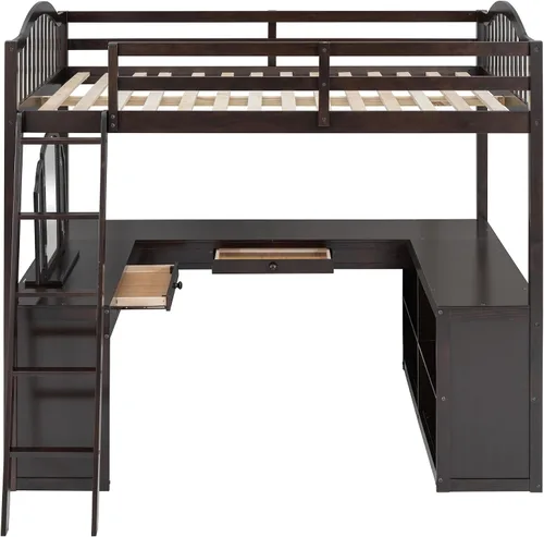 Vista 9 de Cama loft de madera tamaño matrimonial con escritorio en forma de U y espejo de tres pliegues, base de cama tipo loft multifunción con Espresso-10.16