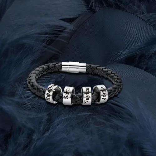 Vista 6 de Pulseras de cuero para hombre con 1-6 cuentas grabadas y nombre personalizado con nombre de identificación, pulsera trenzada para hombres, marido