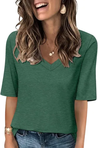 Vista 26 de Minetom Camisetas de verano básicas de media manga con cuello en V para mujer