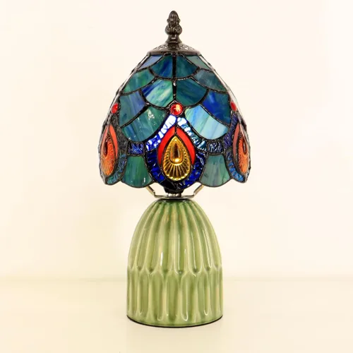Vista 6 de Tiffany Stained Glass Mushroom Table Lamp 12.5 Inch -Blue Peacock Tiffany Lamp,6X6X12.5 Inch,Small Night Light,Ceramic Base, Mini Accent Light