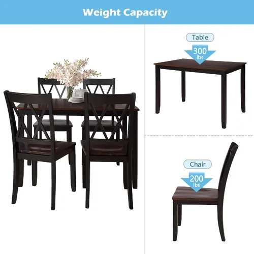 Vista 6 de Juego de mesa de comedor de 5 piezas para 4 personas, mesa rectangular y 4 sillas para cocina, comedor, familia y apartamento, patas de madera