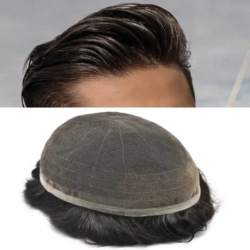 Vista 14 de Sistema de cabello para hombre, encaje francés suave, pieza de cabello humano real, nudos blanqueados, cabello frontal, tupé para hombres