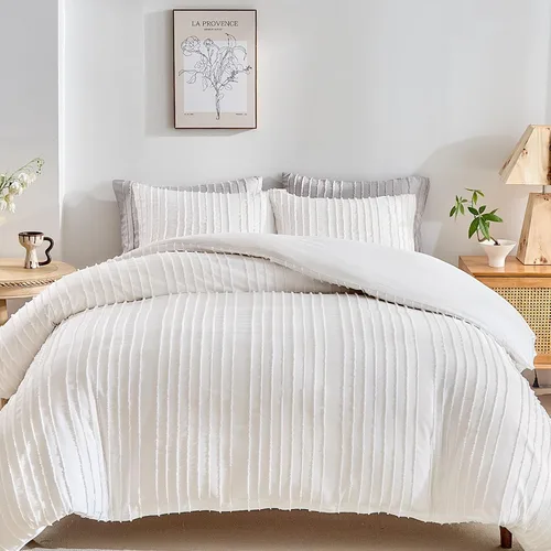 Vista 10 de WARMDERN Juego de funda de edredón a rayas azules, ropa de cama con textura bohemia acolchada con mechones, 2 piezas tamaño Twin de microfibra