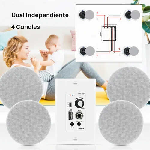 Vista 5 de Herdio Amplificador Bluetooth de pared de 4 canales Control de volumen Placa de pared USB/MIC/AUX (3.5mm) Entradas Conecta 4 altavoces con fuente