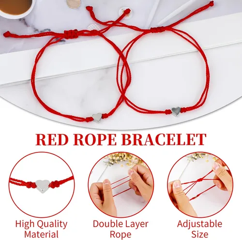 Vista 2 de Yolev 2 pulseras de cuerda roja para protección, pulseras de corazón a juego, pulseras de amistad, pulseras de amistad hechas a mano, pulseras
