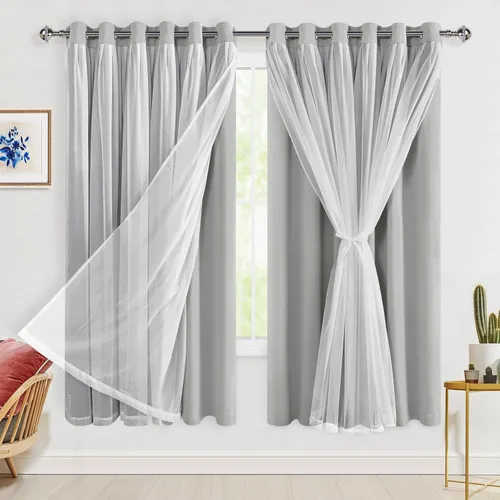 Vista 122 de Hiasan Cortinas opacas con superposición transparente, aislamiento térmico para mezclar y combinar de doble capa, cortinas de oscurecimiento de Beige